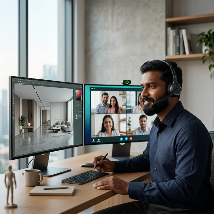 Generate a photo of a south indian, 3D ArchViz Visualizer, in front of his computer. The computer has 2 large monitors.
The specialist is confident, focus with a slight smile. He is having a video call with customers. He is wearing a headset.
Hyper-realistic, highly detailed, professional corporate, 85mm lens photograph.
No text. No legend. Minimalist. Ultra Simple.
