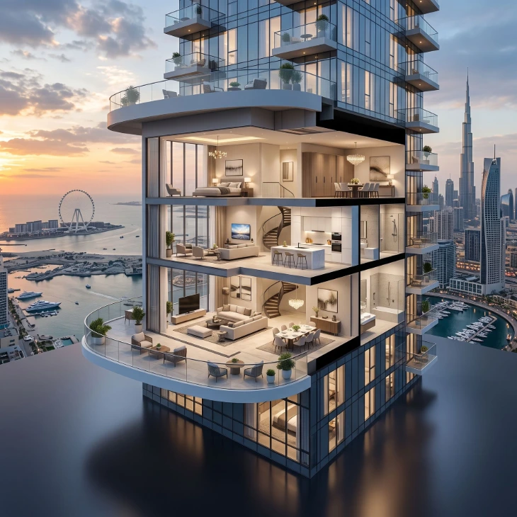generate a floating 3d view of a cutout apartment in Dubai
