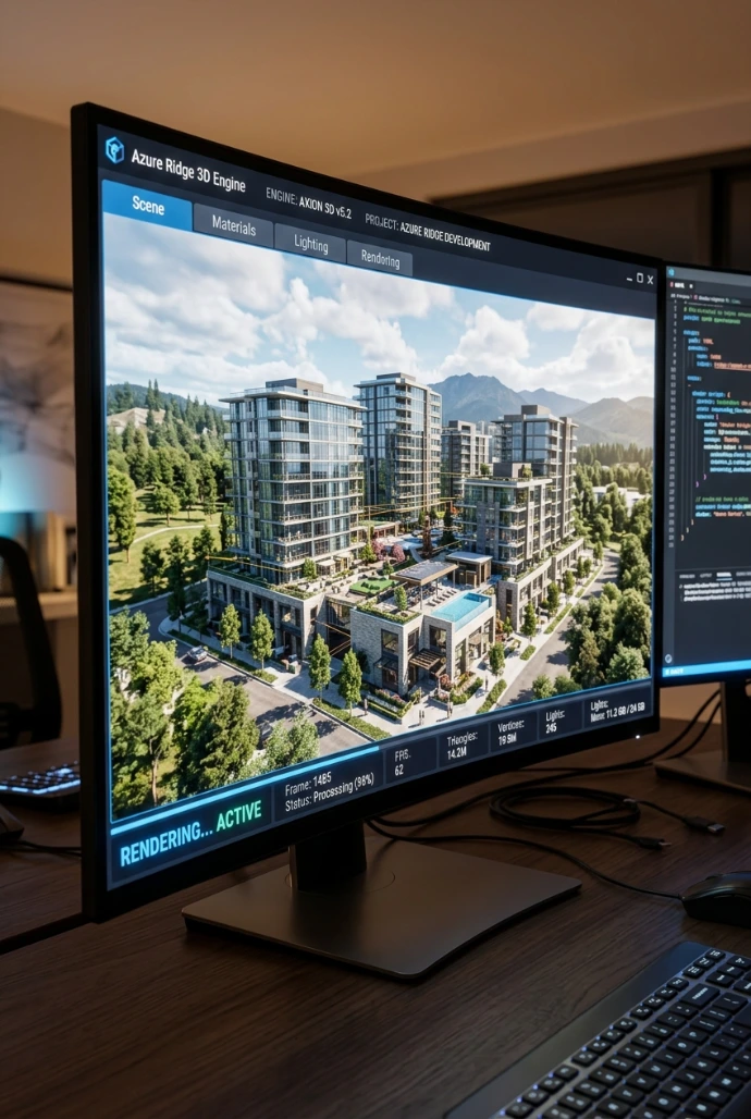 generate a 3D engine processing a rendering of a real estate project.
2:3