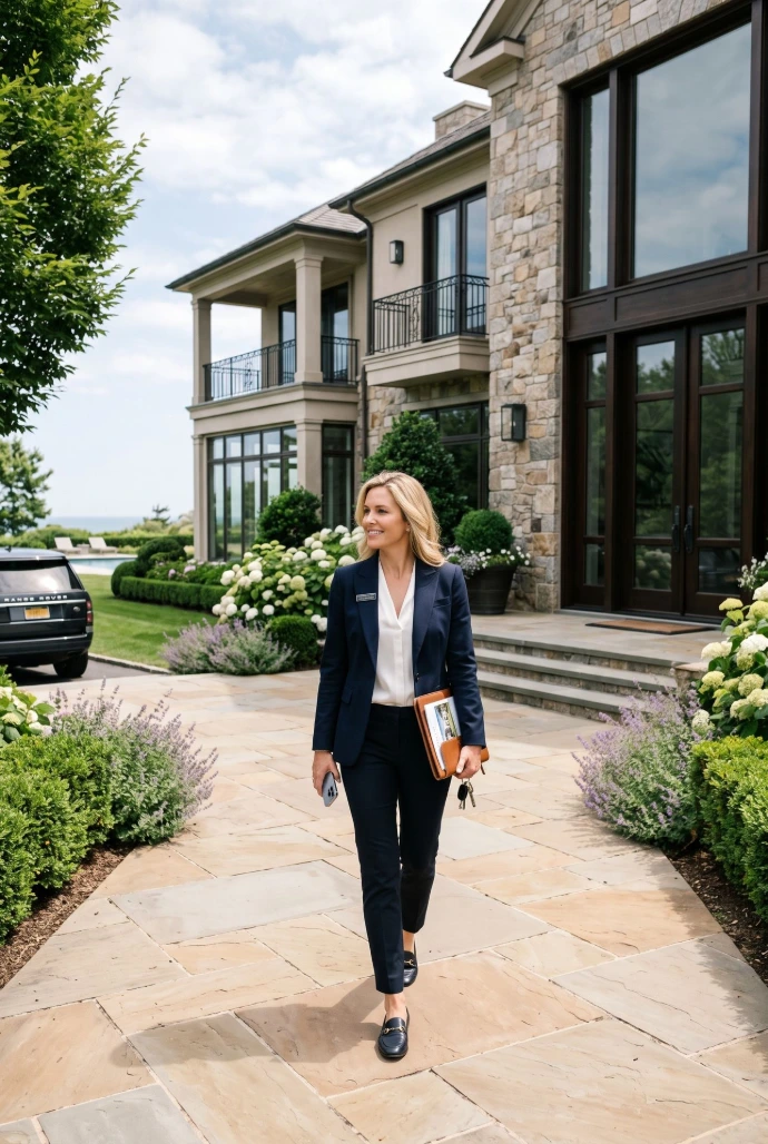 generate an ultra-realistic photography of a real estate agent visiting a rich property. 2:3