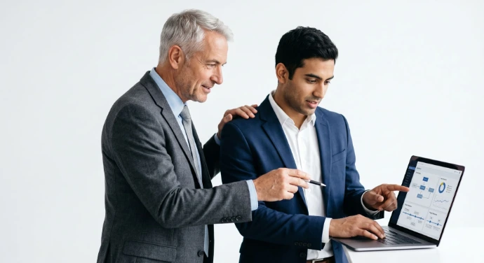 Side by side digital transformation specialists are helping each other. One elder that the other one.
Hyper-realistic, highly detailed, professional corporate, 85mm lens photograph. White #fff background.
No text. No legend. Minimalist. Ultra Simple.