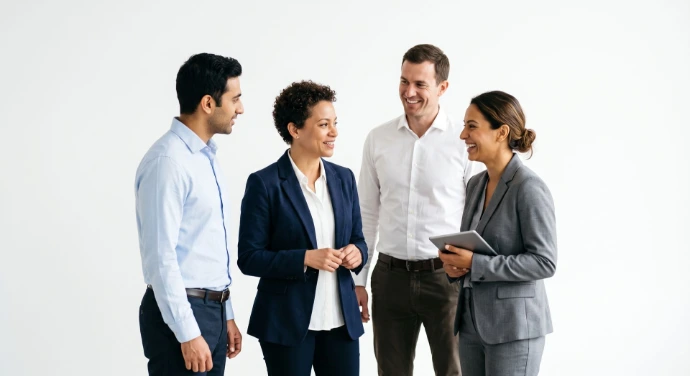 "Built on Integrity and Professionalism
A Team Environment Anchored in Solidarity
At Kiffcom, we believe that professional integrity is the cornerstone of every job opportunity. Our Tunis office operates under a highly supportive HR manager.

We prioritize transparent communication, client satisfaction, and mutual team respect. This ensures a collaborative workplace where your contributions are valued and celebrated."
Kiffcom is a digital transformation agency.
Hyper-realistic, highly detailed, professional corporate, 85mm lens photograph. White #fff background.
No text. No legend. Minimalist. Ultra Simple.
