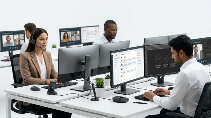 Kiffcom offices are working inn synchronization with its Canadian customers. Same time and days off.
From Tunis, Cotonou or Bengaluru, Kiffcom specialists are in front of their computers to assist and/or produce for Kiffcom customers. Computers are equipped with 2 large monitors.
The specialists are confident and focused. They communicate with their customers through video calls, emails, chat or tickets. 
Hyper-realistic, highly detailed, professional corporate, 85mm lens photograph. White #fff background.
No text. No legend. Minimalist. Ultra Simple.