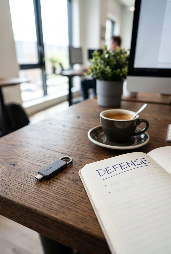 The Strategist: A high-quality close-up of a wooden desk featuring a hardware security key, a clean notebook with the word "DEFENSE" written on it, and a cup of espresso, in a bright, professional atmosphere