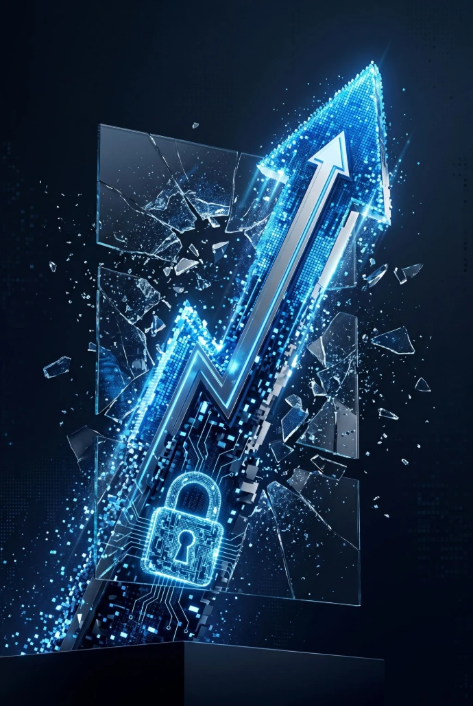 Growth Visualization: An abstract 3D render of a soaring upward arrow integrated with a digital lock mechanism made of glowing pixels, breaking through glass layers, representing high resilience and robust security growth in a dark blue and silver color palette.No text. Minimalist.