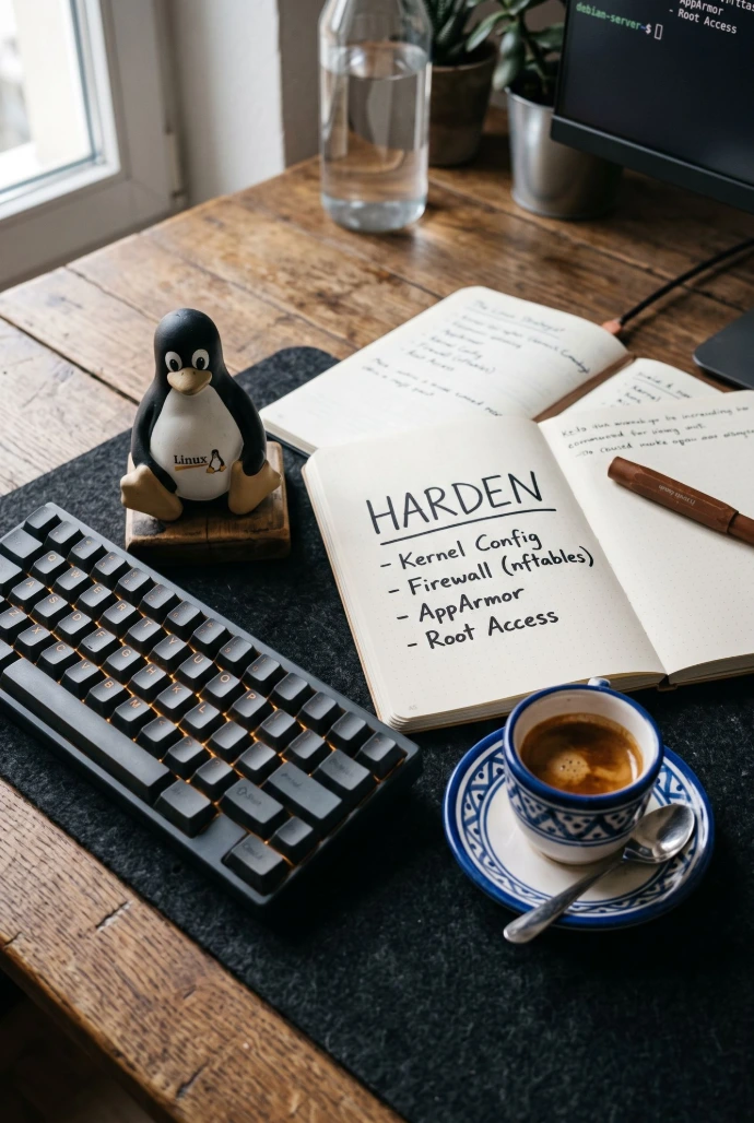The Linux Strategist: A high-quality close-up of a wooden desk featuring a clean notebook with the word "HARDEN" written on it, a glowing keyboard next to a Tux figurine, and a cup of Tunisian espresso.
