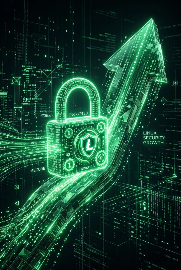 Security Growth: An abstract 3D render of an upward soaring arrow integrated with a digital lock mechanism made of glowing green binary code, representing high resilience and robust Linux security growth.