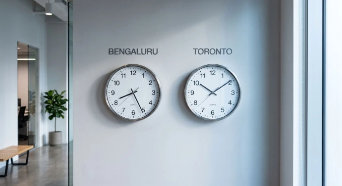 Dual Timezone: A sleek, minimalist wall with two elegant analog clocks, one labeled "Bengaluru" and the other "Toronto," reflecting a clean, corporate aesthetic with soft blue shadows.