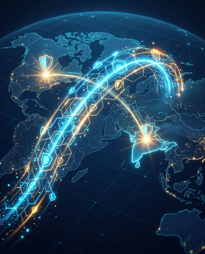 Global Connection: A conceptual digital illustration showing a glowing shield network connecting a point in India to a point in Canada over a stylized, minimalist world map, symbolizing international security collaboration.