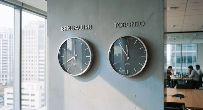 Dual Timezone: A sleek, minimalist wall with two elegant analog clocks, one labeled "Bengaluru" and the other "Toronto," reflecting a clean, corporate aesthetic with soft blue shadows.