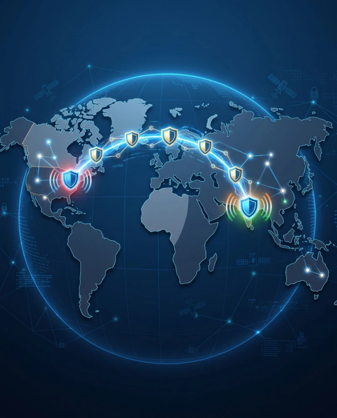 Global Connection: A conceptual digital illustration showing a glowing shield network connecting a point in India to a point in Canada over a stylized, minimalist world map, symbolizing international security collaboration.